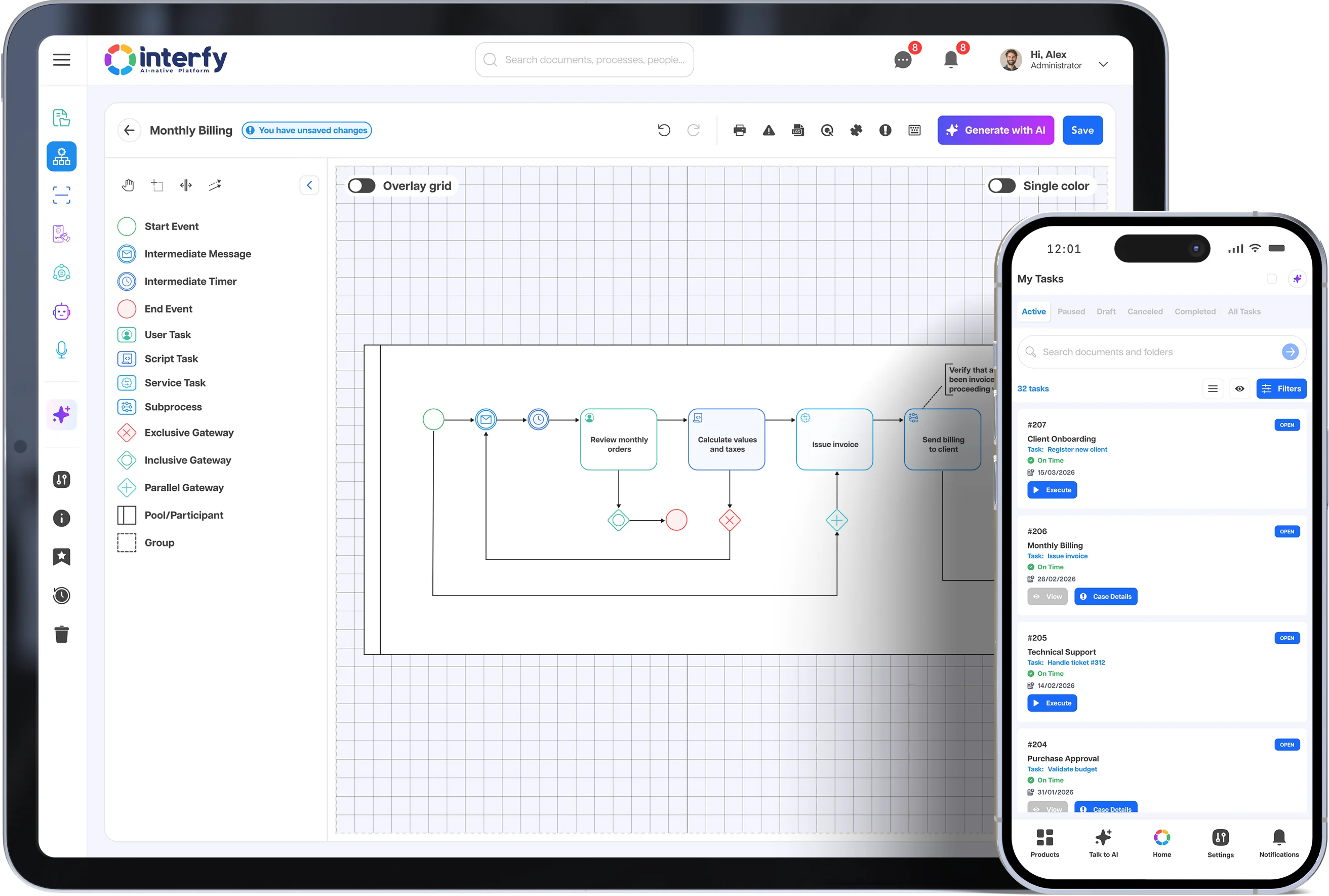 Interfy-Process-Plattform auf Tablet und Smartphone dargestellt, mit visueller Prozessgestaltung und Aufgabenliste
