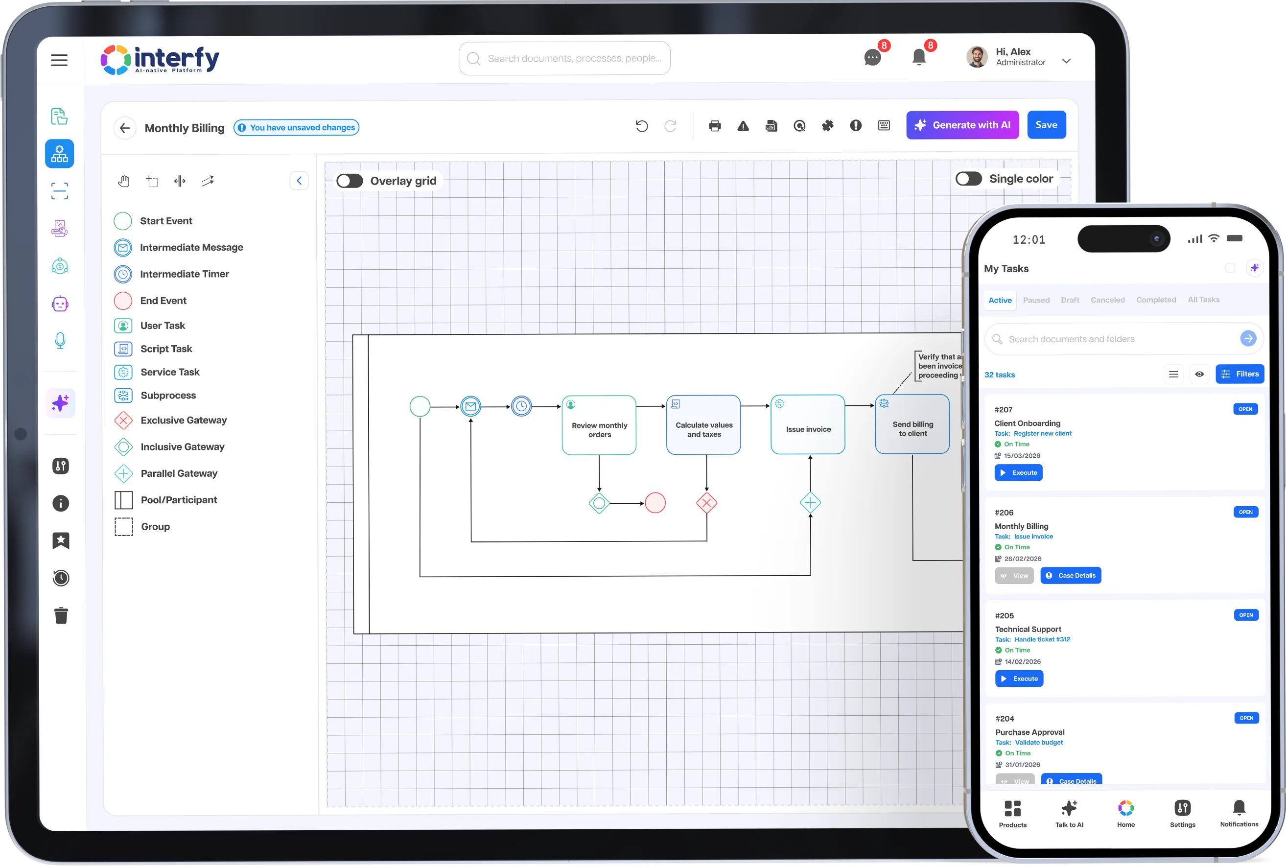 Interfy Process -alusta näytettynä tabletilla ja älypuhelimessa, prosessin visuaalinen suunnittelu ja tehtävälista
