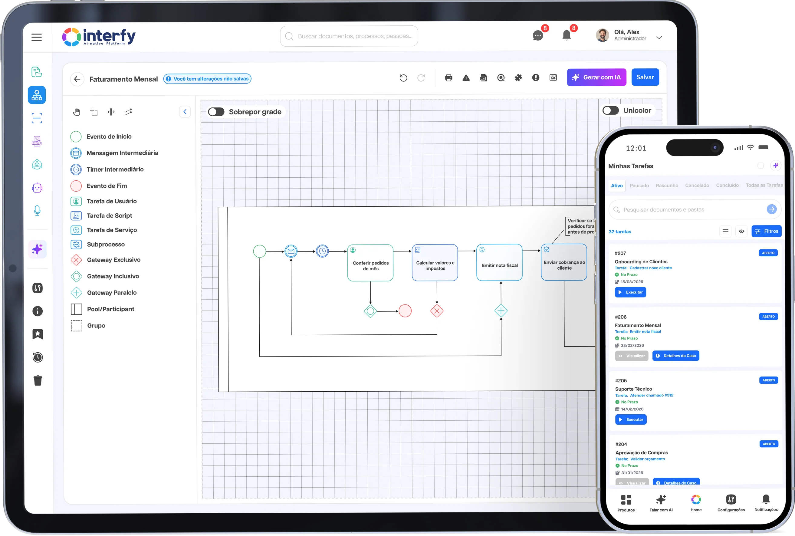 Plataforma Interfy Process exibida em tablet e smartphone, mostrando o desenho visual de um processo e a lista de tarefas