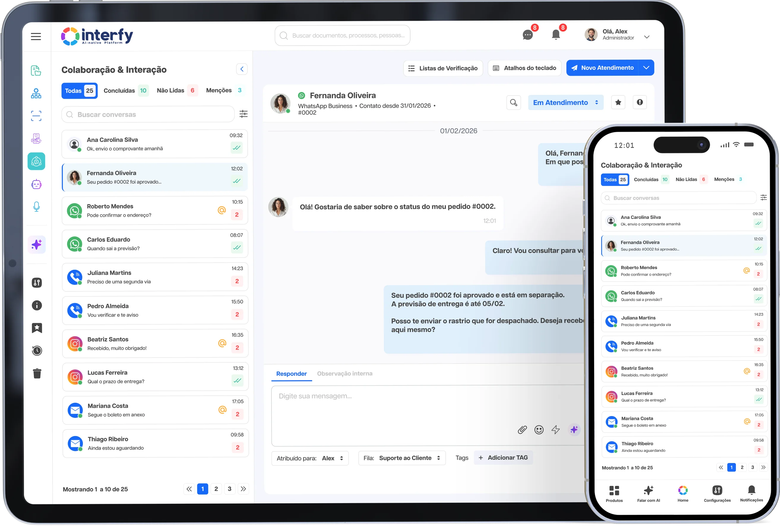 Interfy Connect exibido em laptop e smartphone, mostrando a central de conversas