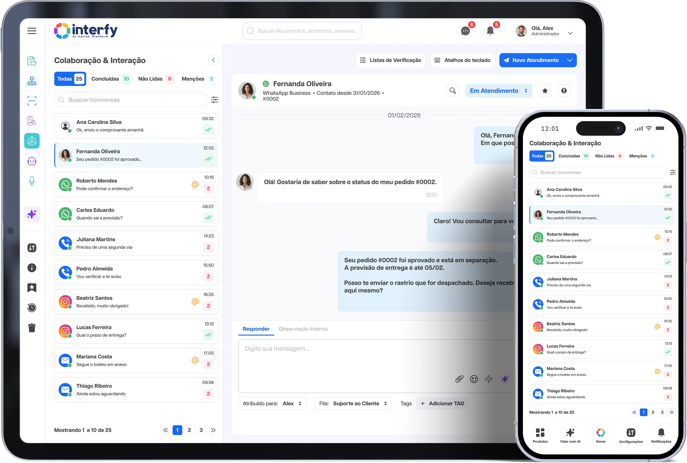 Interfy Connect exibido em laptop e smartphone, a mostrar a central de conversas