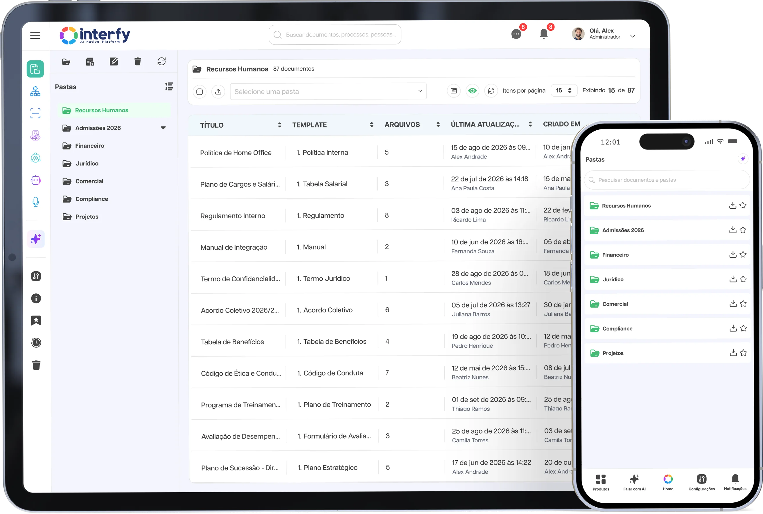 Plataforma Interfy Documents exibida em tablet e smartphone, mostrando a lista de documentos e pastas
